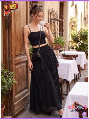 Chiffon Maxi Skirt High Waist A-Line Flowy Ruffle Renaissance